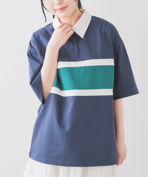 Honeys（ハニーズ）の「配色ラガーシャツ（ポロシャツ・レディース・ピンク/ボルドー/グリーン/スミクロ/ネイビー・L/LL/M/S/SS）」の9枚目の写真