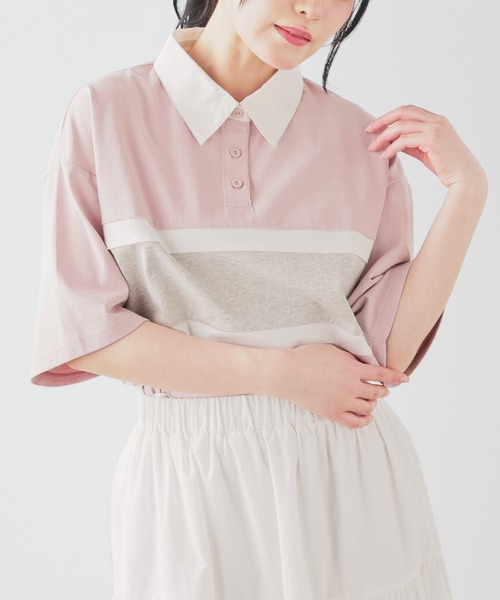 Honeys（ハニーズ）の「配色ラガーシャツ（ポロシャツ・レディース・ピンク/ボルドー/グリーン/スミクロ/ネイビー・L/LL/M/S/SS）」の11枚目の写真