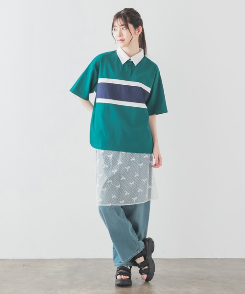 Honeys（ハニーズ）の「配色ラガーシャツ（ポロシャツ・レディース・ピンク/ボルドー/グリーン/スミクロ/ネイビー・L/LL/M/S/SS）」の12枚目の写真