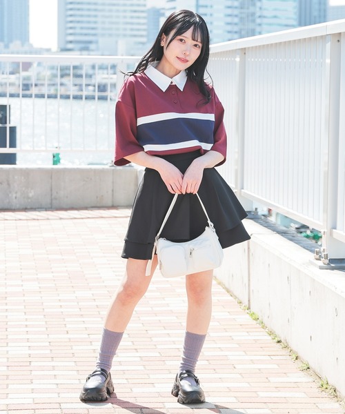 Honeys（ハニーズ）の「配色ラガーシャツ（ポロシャツ・レディース・ピンク/ボルドー/グリーン/スミクロ/ネイビー・L/LL/M/S/SS）」の15枚目の写真