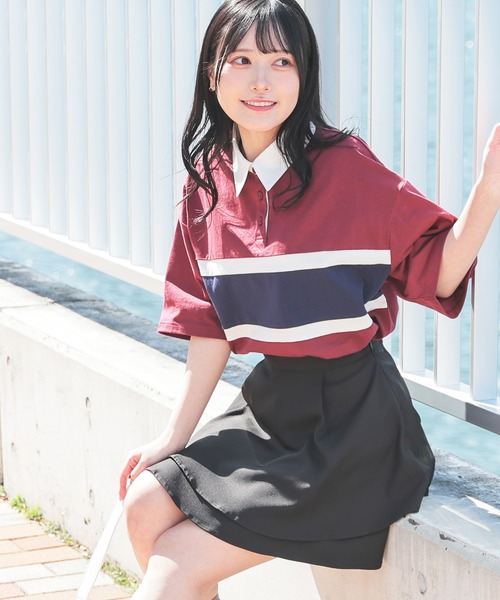 Honeys（ハニーズ）の「配色ラガーシャツ（ポロシャツ・レディース・ピンク/ボルドー/グリーン/スミクロ/ネイビー・L/LL/M/S/SS）」の16枚目の写真