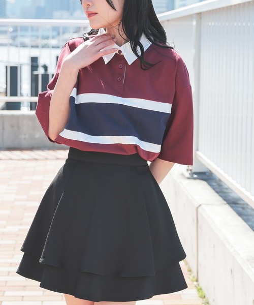 Honeys（ハニーズ）の「配色ラガーシャツ（ポロシャツ・レディース・ピンク/ボルドー/グリーン/スミクロ/ネイビー・L/LL/M/S/SS）」の17枚目の写真