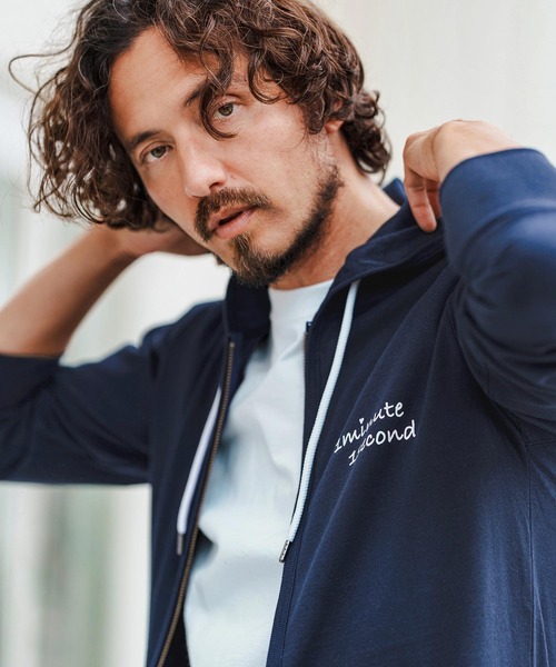 1minute 1second（ワンミニットワンセカンド）の「mpa3776-cursive print double zip light hoodie ダブルジップパーカー（パーカー・メンズ・ネイビー×ホワイト/ブラック×ホワイト/ホワイト×グレー・S/M/L/XL）」の11枚目の写真