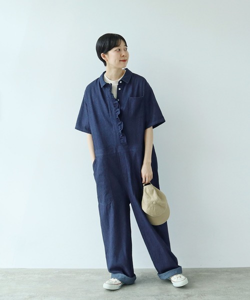 【美品】 エターナル 和柄 デニム つなぎ オールインワン インディゴブルー M セール】【WEB別注】インディゴデニム フリルオールインワン