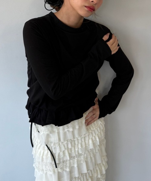 SANSeLF(サンセルフ)の「【SANSeLF】 フリルヘムロングTシャツ フェミニンカジュアル クルーネック sanw25a041(その他トップス・レディース・ブラック/ホワイト・FREE)」の5枚目の写真