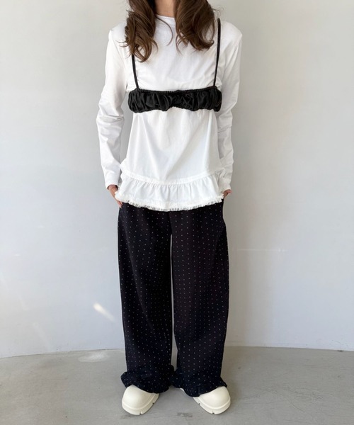 SANSeLF(サンセルフ)の「【SANSeLF】 フリルヘムロングTシャツ フェミニンカジュアル クルーネック sanw25a041(その他トップス・レディース・ブラック/ホワイト・FREE)」の9枚目の写真