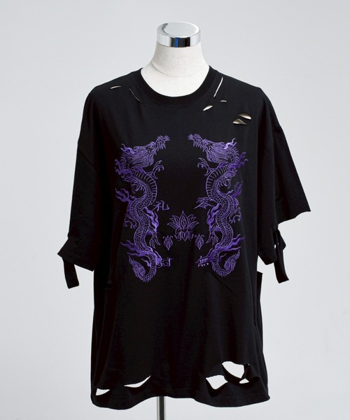 REFLEM/レフレム』ドラゴン刺繍ダメージTシャツ/ハーフスリーブ