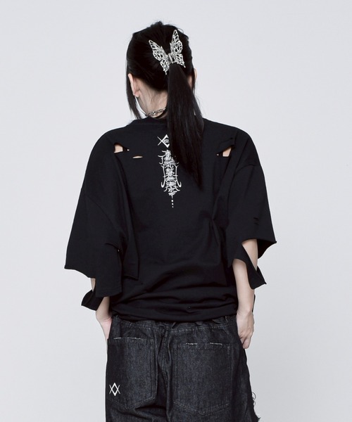 REFLEM/レフレム』ドラゴン刺繍ダメージTシャツ/ハーフスリーブ