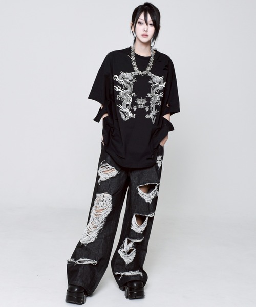 tシャツ 「REFLEM/レフレム」ドラゴン刺繍ダメージTシャツ/ハーフスリーブカットソー レディース メンズ REFLEM/レフレム』ドラゴン刺繍ダメージTシャツ/ハーフスリーブ