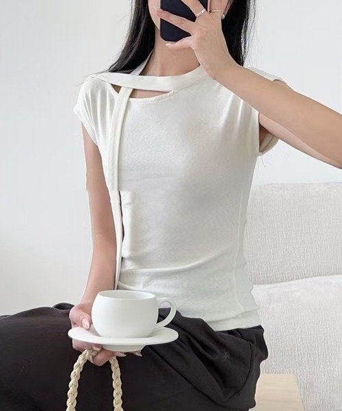 Lace Ladies(レースレディース)の「チョーカー デザイン フレンチスリーブ カットソー トップス(Tシャツ/カットソー・レディース・ブラック/アイボリー/グレー・FREE)」の6枚目の写真