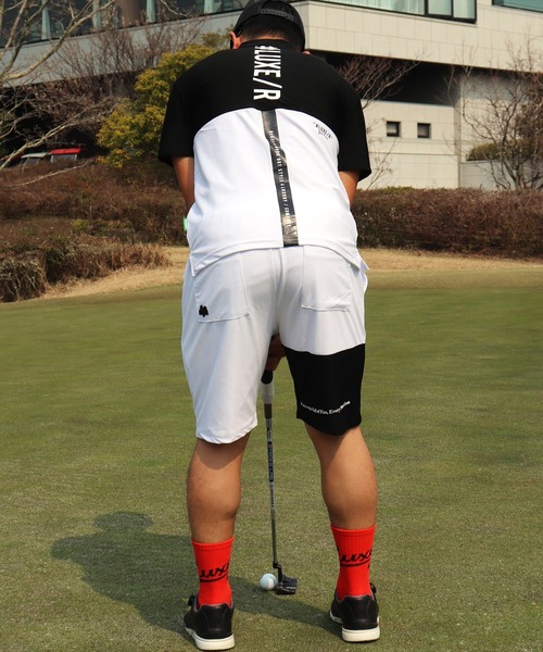 LUXE/R GOLF(ラグジュ ゴルフ)の「(RM)【LUXE/R GOLF】COOL & DRY ストレッチ スムース バイカラー ショートパンツ(スウェットパンツ・メンズ・ホワイト×ブラック/ブラック×グレー/ネイビー×ホワイト/ベージュ系・M/L/XL)」の5枚目の写真