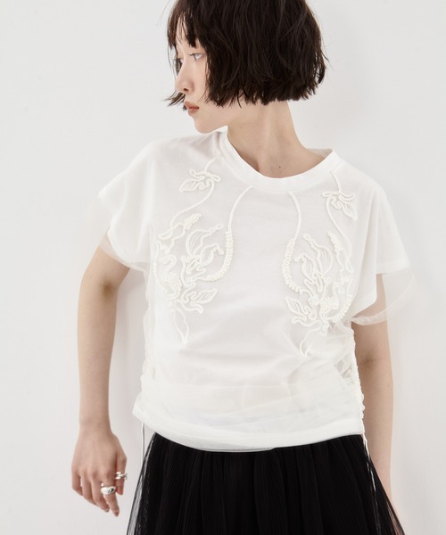 MURRAL（ミューラル）の「【MURRAL/ミューラル】EX.embroidered tulle layered tops/エンブロイダリーチュールレイヤードトップス（Tシャツ/カットソー・レディース・ブラック/ホワイト・FREE）」の7枚目の写真