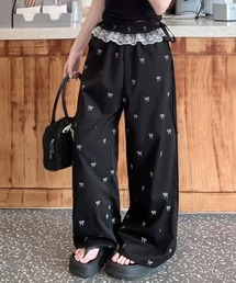 ウエストレースリボン総柄パンツ