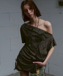 tシャツ 「Cest Nous」Off-shoulder ruched T-shirt / 「セヌー」オフショルダー半袖Tシャツ レディース Cest Nous｜セヌーのTシャツ/カットソー（オフショルダー）通販