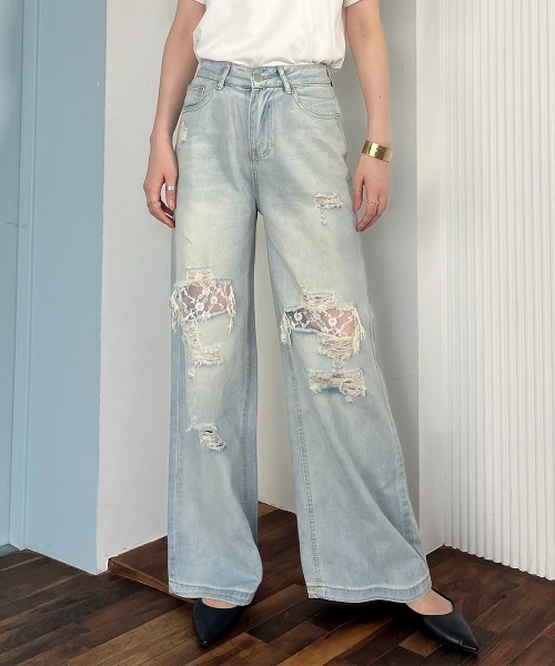 Rejoule(リジュール)の「レースダメージデニムパンツ(デニムパンツ・レディース・ライトブルー・S/M)」の5枚目の写真