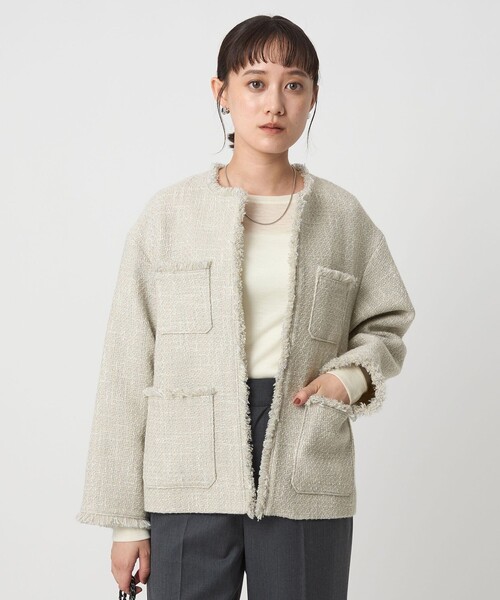 【新品タグ付き】グリーンレーベル ツイード ノーカラー ジャケットM(38) ツイードライク ノーカラー ジャケット