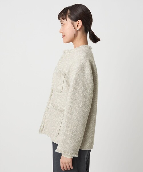 極美品◆グリーンレーベル ツイード ポケット ノーカラー ジャケット セール】ミックスツイードライク ポケット ノーカラー ジャケット