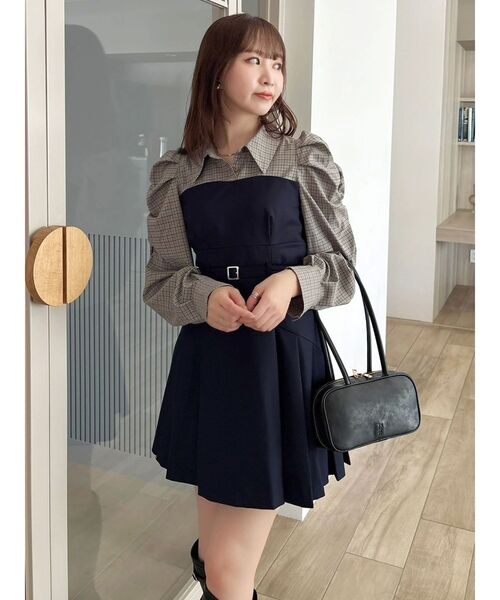dazzlin ダズリン レイヤードシャツミニワンピース ネイビー Mサイズ 長袖レイヤードシャツミニワンピース（ワンピース）｜dazzlin