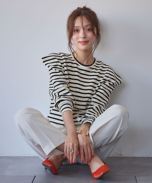 2025AW】パワーショルダー ボーダー クルーネック プルオーバー