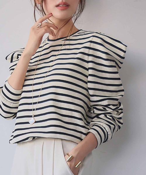ELFRANK(エルフランク)の「《新色追加》パワーショルダー ボーダー クルーネック プルオーバー カットソー(Tシャツ/カットソー・レディース・ネイビー×ホワイト/ブラック×ホワイト/ホワイト×ブラック/ブラック/ブラウン/レッド/オフホワイト・M/L)」の15枚目の写真