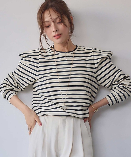 ELFRANK(エルフランク)の「《新色追加》パワーショルダー ボーダー クルーネック プルオーバー カットソー(Tシャツ/カットソー・レディース・ネイビー×ホワイト/ブラック×ホワイト/ホワイト×ブラック/ブラック/ブラウン/レッド/オフホワイト・M/L)」の16枚目の写真