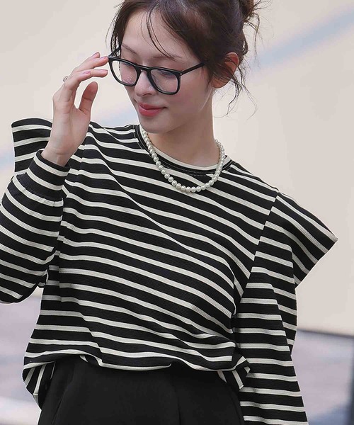 ELFRANK(エルフランク)の「《新色追加》パワーショルダー ボーダー クルーネック プルオーバー カットソー(Tシャツ/カットソー・レディース・ネイビー×ホワイト/ブラック×ホワイト/ホワイト×ブラック/ブラック/ブラウン/レッド/オフホワイト・M/L)」の18枚目の写真