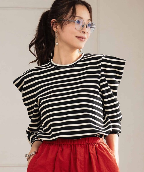 ELFRANK(エルフランク)の「《新色追加》パワーショルダー ボーダー クルーネック プルオーバー カットソー(Tシャツ/カットソー・レディース・ネイビー×ホワイト/ブラック×ホワイト/ホワイト×ブラック/ブラック/ブラウン/レッド/オフホワイト・M/L)」の19枚目の写真