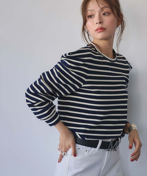ELFRANK(エルフランク)の「《新色追加》パワーショルダー ボーダー クルーネック プルオーバー カットソー(Tシャツ/カットソー・レディース・ネイビー×ホワイト/ブラック×ホワイト/ホワイト×ブラック/ブラック/ブラウン/レッド/オフホワイト・M/L)」の21枚目の写真