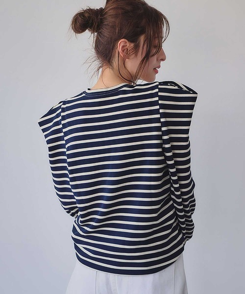 ELFRANK(エルフランク)の「《新色追加》パワーショルダー ボーダー クルーネック プルオーバー カットソー(Tシャツ/カットソー・レディース・ネイビー×ホワイト/ブラック×ホワイト/ホワイト×ブラック/ブラック/ブラウン/レッド/オフホワイト・M/L)」の22枚目の写真