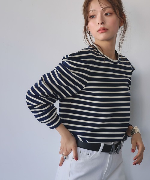 ELFRANK(エルフランク)の「パワーショルダー ボーダー クルーネック プルオーバー カットソー(Tシャツ/カットソー・レディース・ネイビー/ブラック/アイボリー・M/L)」の5枚目の写真
