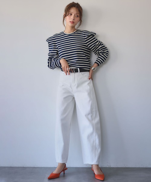 ELFRANK(エルフランク)の「パワーショルダー ボーダー クルーネック プルオーバー カットソー(Tシャツ/カットソー・レディース・ネイビー/ブラック/アイボリー・M/L)」の7枚目の写真