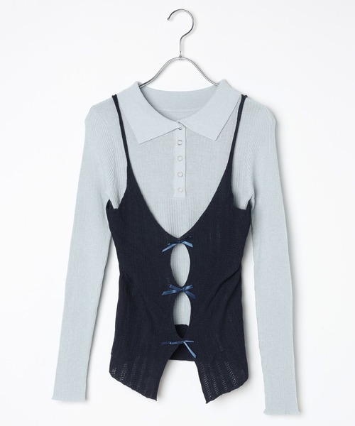 3.3 Field Trip （3.3フィールドトリップ）の「3.3 Field Trip／リボンキャミドッキングニット（ニット/セーター・レディース・ブルー/グレー/オフホワイト・FREE）」の4枚目の写真