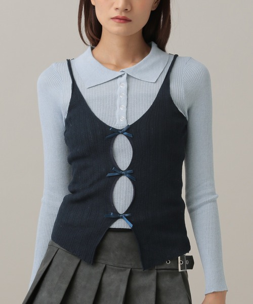 3.3 Field Trip （3.3フィールドトリップ）の「3.3 Field Trip／リボンキャミドッキングニット（ニット/セーター・レディース・ブルー/グレー/オフホワイト・FREE）」の6枚目の写真