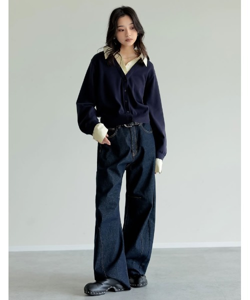 Re:EDIT（リエディ）の「[2025AW COLLECTION]シャツドッキングレイヤード風ニットカーディガン（ニット/セーター・レディース・グレー系/ネイビー系/ブラック系・MEDIUM/LARGE）」の15枚目の写真