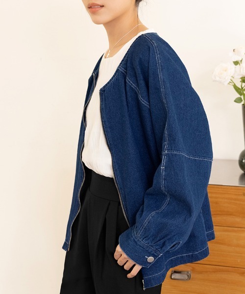 ONEP STAR(ワンピスター)の「ノーカラーデニムジャケット(デニムジャケット・レディース・インディゴブルー/ブルー・MEDIUM)」の1枚目の写真