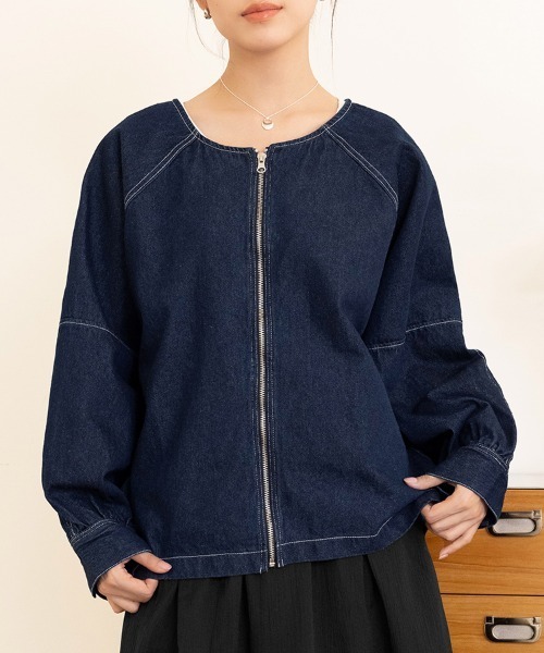 ONEP STAR(ワンピスター)の「ノーカラーデニムジャケット(デニムジャケット・レディース・インディゴブルー/ブルー・MEDIUM)」の3枚目の写真