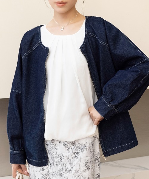 ONEP STAR(ワンピスター)の「ノーカラーデニムジャケット(デニムジャケット・レディース・インディゴブルー/ブルー・MEDIUM)」の4枚目の写真