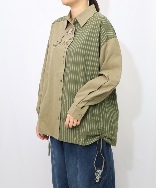 セール】153655：ネコの横顔刺繍 ストライプ切替シャツ（シャツ