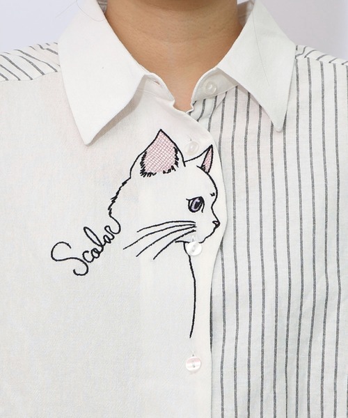 セール】153655：ネコの横顔刺繍 ストライプ切替シャツ（シャツ