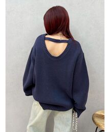 ワンポイントバックオープンニットトップス