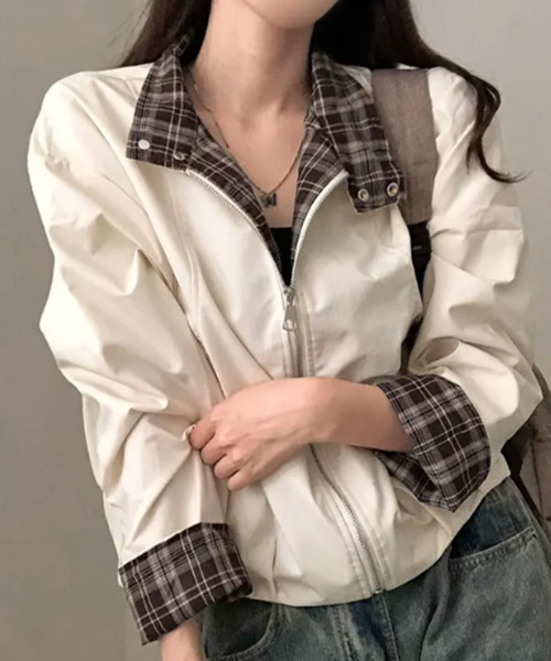 セール】チェック柄ライナー付き ショート丈ブルゾン（ブルゾン