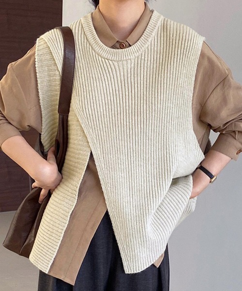 Miniministore(ミニミニストア)の「リブニットベスト 前後スリットニットジレ(ベスト・レディース・ブラック/グレイッシュベージュ/ダークブラウン/ダークベージュ・FREE)」の5枚目の写真