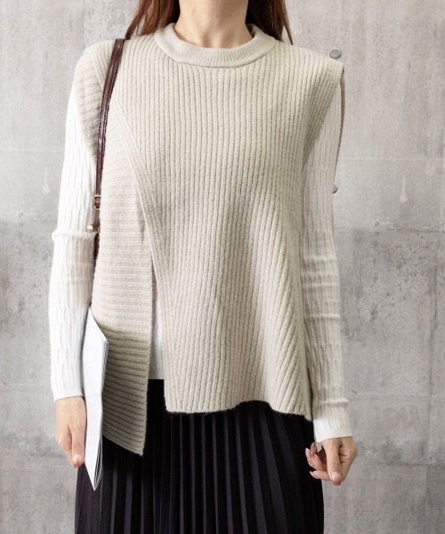Miniministore(ミニミニストア)の「リブニットベスト 前後スリットニットジレ(ベスト・レディース・ブラック/グレイッシュベージュ/ダークブラウン/ダークベージュ・FREE)」の22枚目の写真