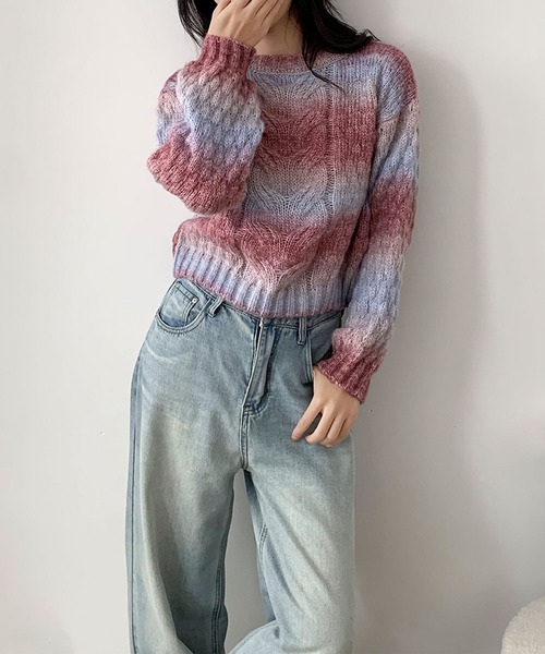 aimoha(アイモハ)の「グラデーションケーブル編みニットプルオーバー(ニット/セーター・レディース・レッド/イエロー/グレー・FREE)」の9枚目の写真