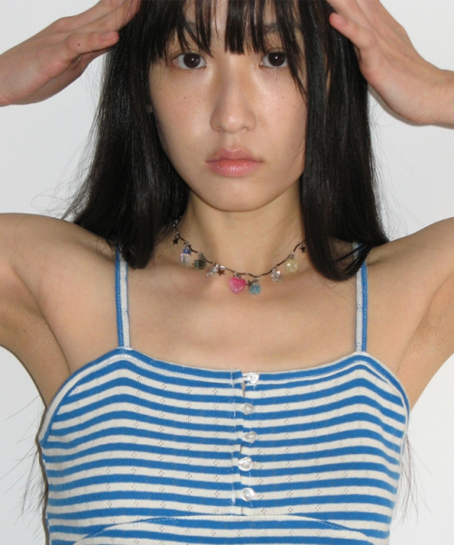 RONRON（ロンロン）の「HEART BUTTON GOLGI SLEEVELESS BLUE STRIPE（Tシャツ/カットソー・レディース・その他・FREE）」の2枚目の写真