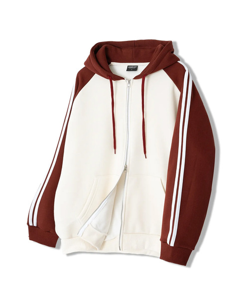UNDEROFF(アンダーオフ)の「ラグラントラックフードジップアップバーガンディ(パーカー・レディース・バーガンディー・SMALL/MEDIUM/LARGE/X-LARGE)」の1枚目の写真