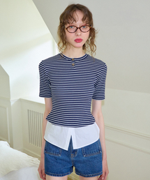SALON DE YOHN（サロンドヨーン）の「Shirt Detail Round-neck Stripe T_ Navy（Tシャツ/カットソー）」