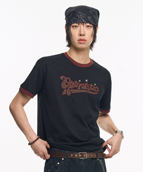 MOO(エムオーオー)の「レオパードアップリケリンガー半袖Tシャツ - ブラック(Tシャツ/カットソー・メンズ・その他・LARGE/MEDIUM)」の1枚目の写真