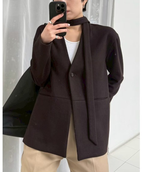 RIM.ARK（リムアーク）の「Double face tie jacket ダブル フェイス タイ ジャケット（ノーカラージャケット・レディース・グレー/ダークブラウン/ブラック・36/38）」の3枚目の写真