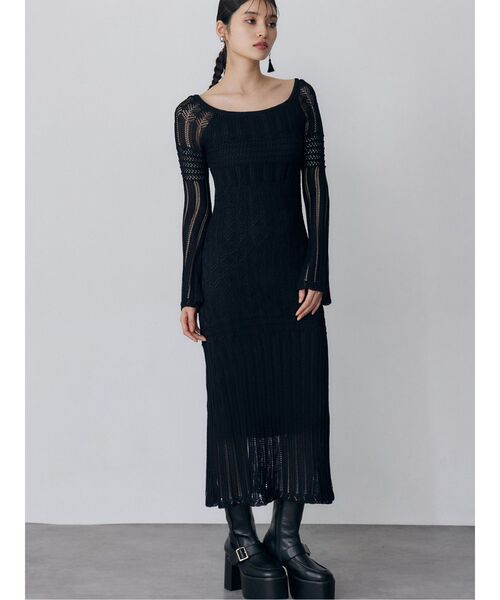 MURUA(ムルーア)の「バイカラークロシェニットワンピース(ワンピース・レディース・ホワイト/ブラック/ブルー・FREE)」の1枚目の写真